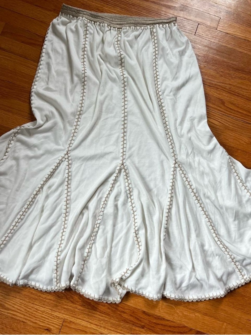 Flowy Fairy White Midi Skirt with Cream Embroidered Trim